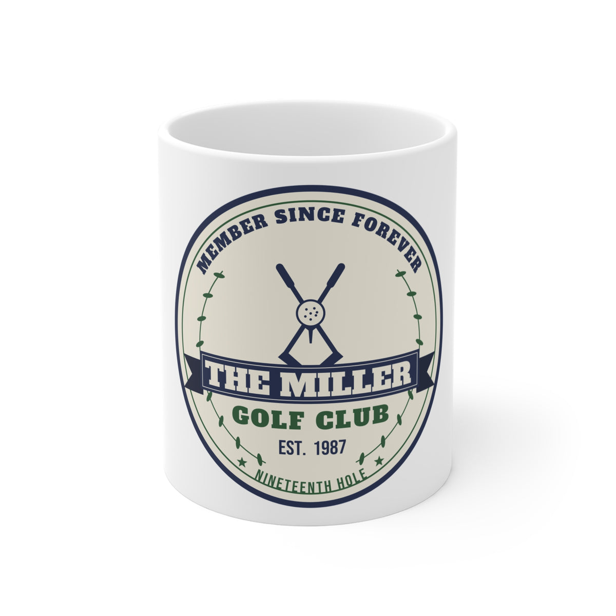 Personalized golf club crest mug with custom club name and year