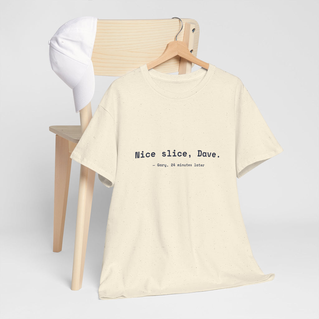 Natural Nice slice, Dave. golf tee on a hanger by a wooden chair