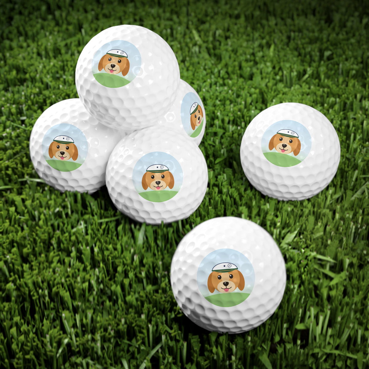 Set of 6 custom pet photo golf balls on the grass