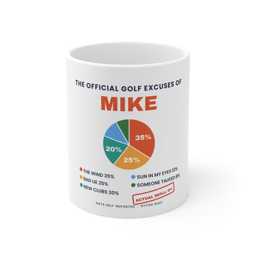 Personalized golf excuse chart mug with custom name and funny pie chart