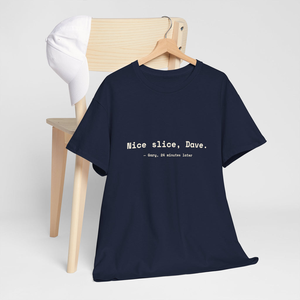 Navy Nice slice, Dave. golf tee on a hanger by a wooden chair