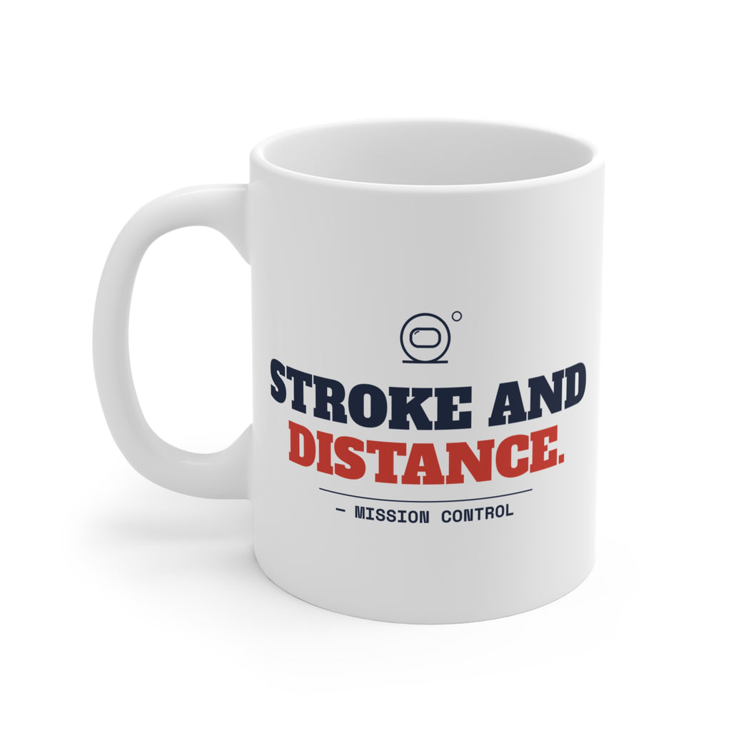 Stroke and Distance funny golf mug with the handle on the left