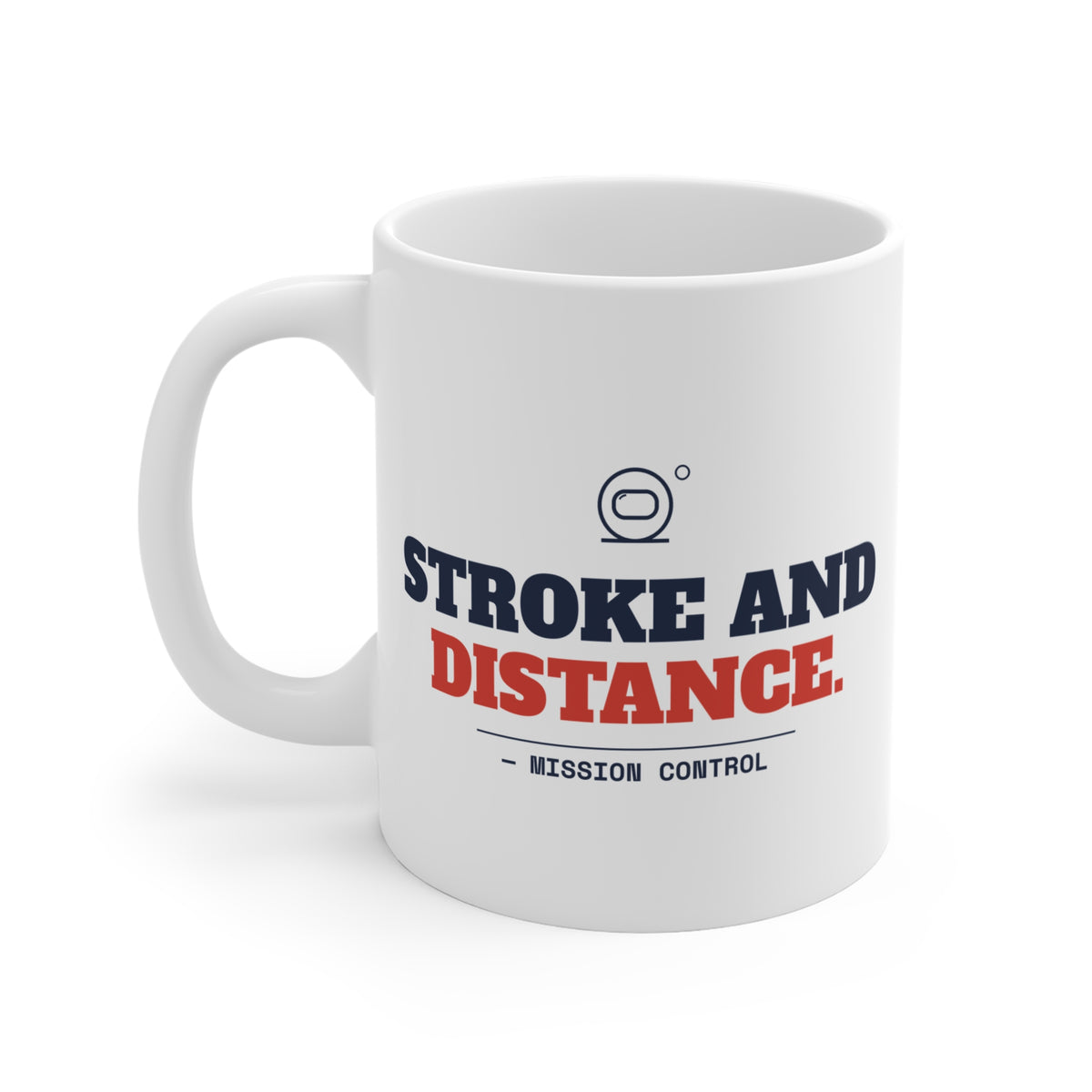 Stroke and Distance funny golf mug with the handle on the left