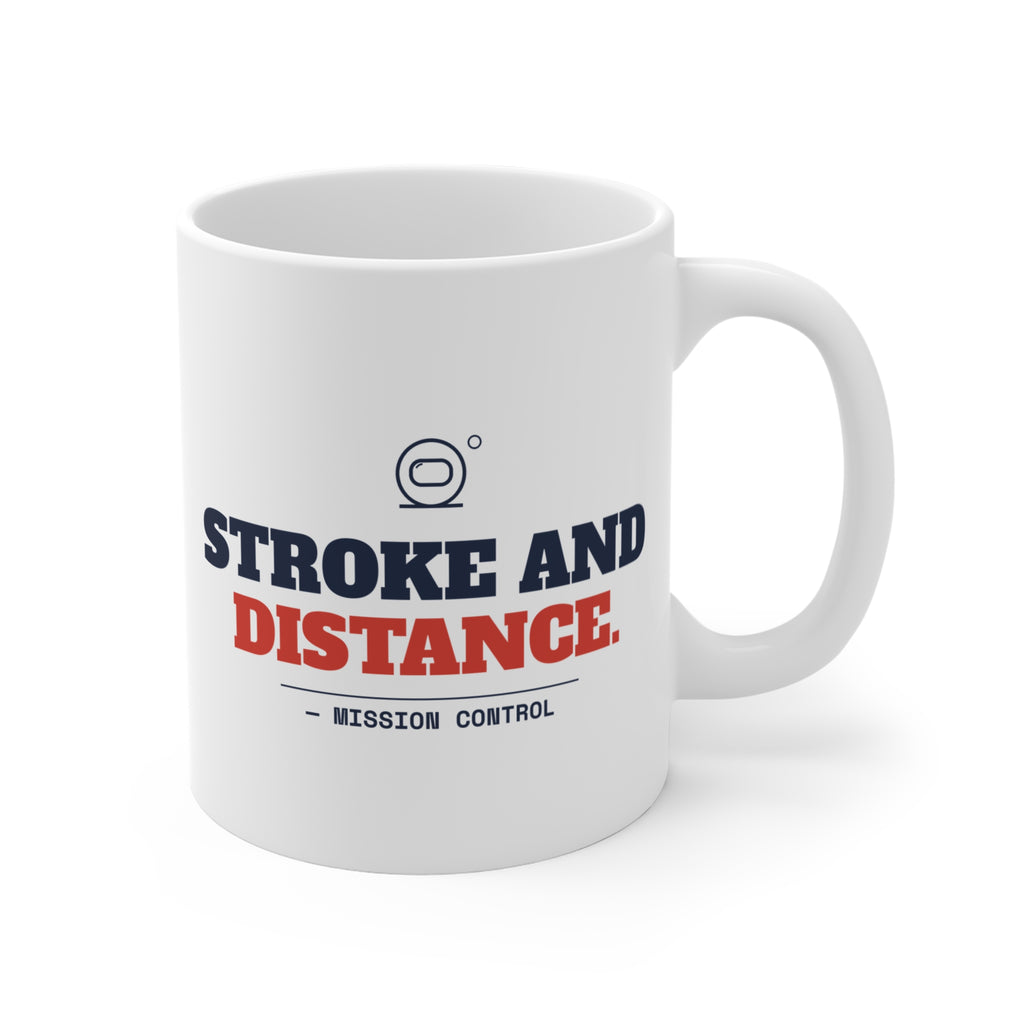 Stroke and Distance golf coffee mug printed on both sides, handle on the right