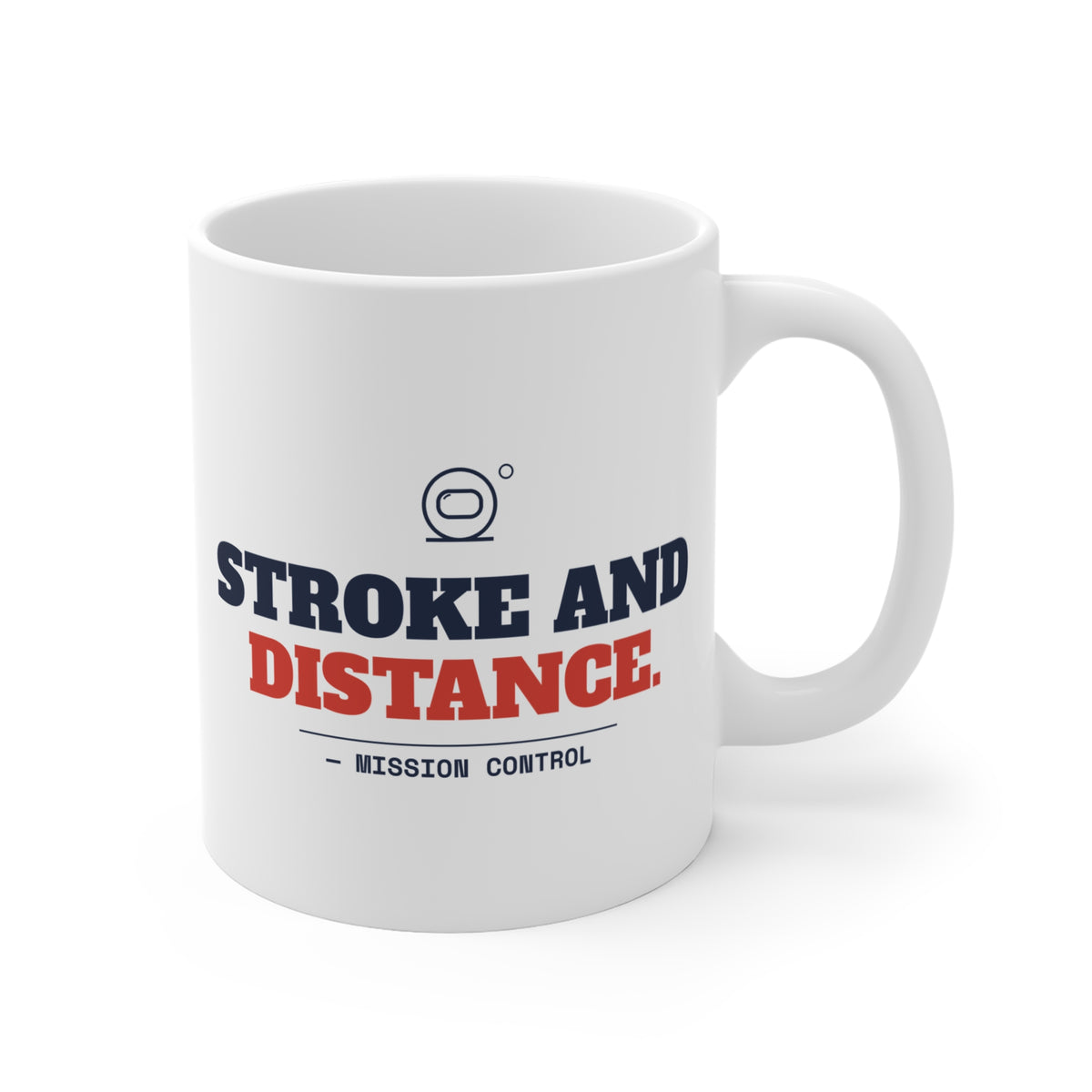 Stroke and Distance golf coffee mug printed on both sides, handle on the right