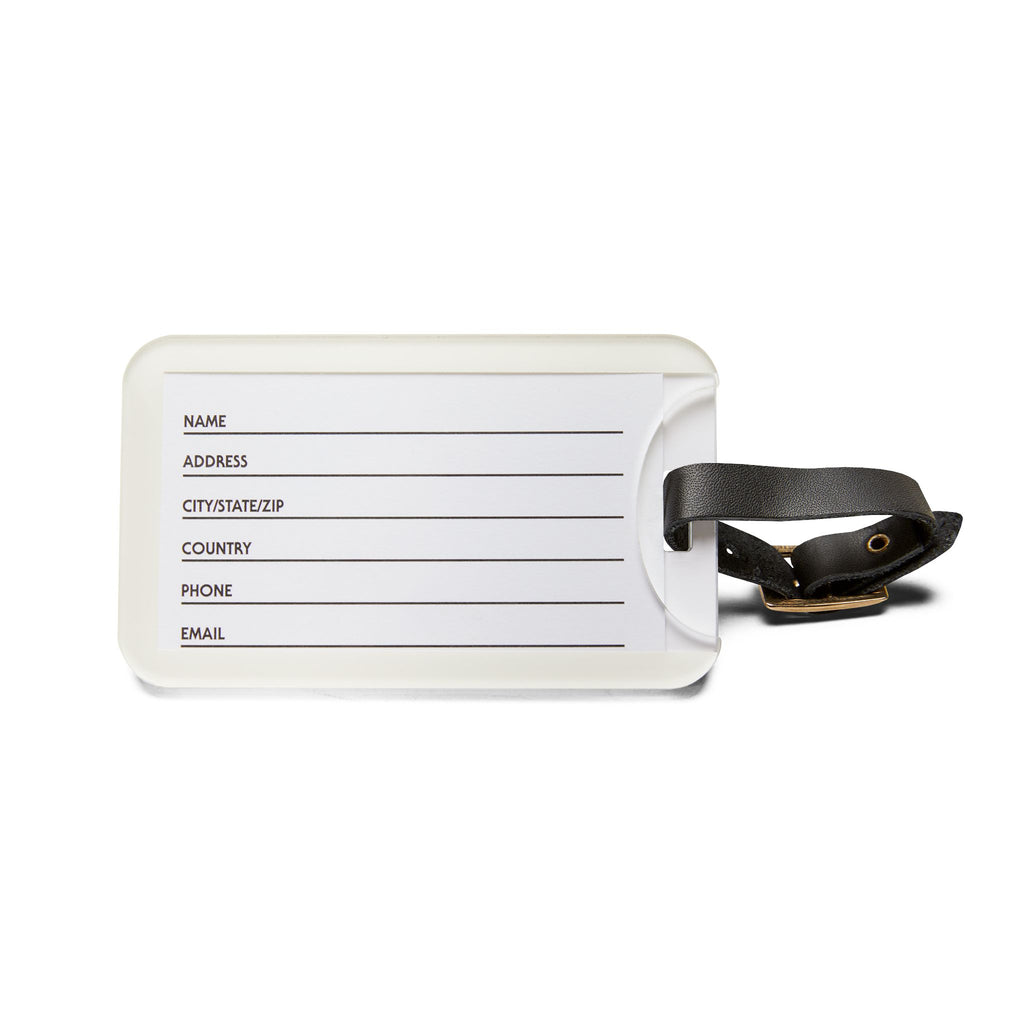 Back of the acrylic golf bag tag with contact card insert and leather strap